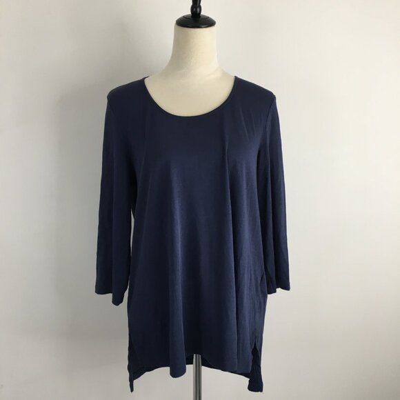 EILEEN FISHER 3/4 Sleeve Blue 100% Organic Cotton High Low Hem Shirt - Picture 4 of 10